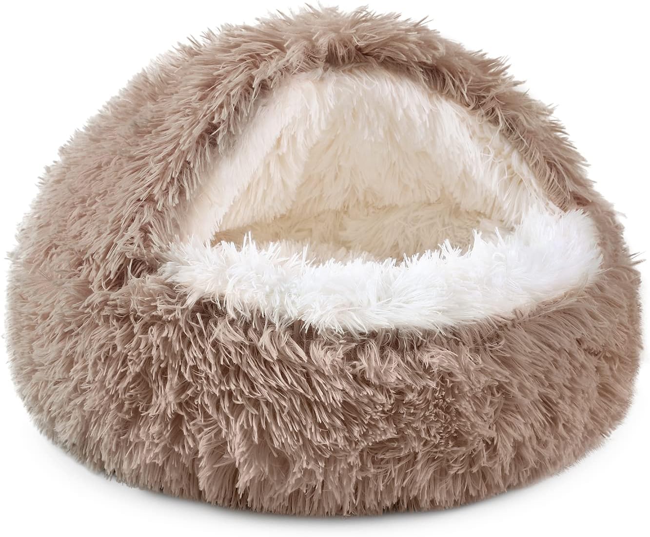 Round Hooded Donut Dog Bed for Small & Medium Pets - Plush Fluffy Anti-Anxiety Cat Cave Bed with Cover