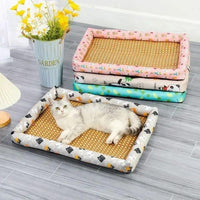 Summer Pet Cooling Mat, Natural Rattan Pet Bed Mat, Pet Cooler, Summer Linen Rattan Mat Nest, Woven Breathable Square Washable Bed with Edge for Dogs Cats