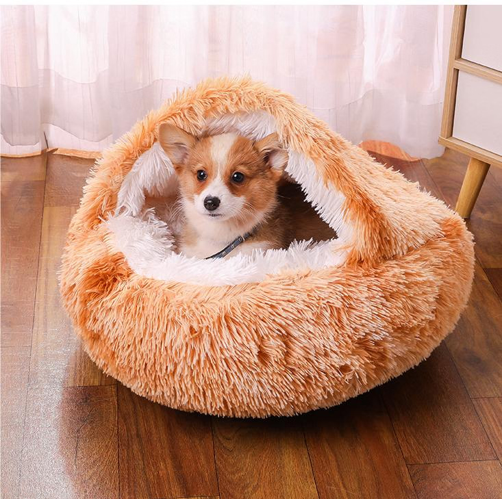 Round Hooded Donut Dog Bed for Small & Medium Pets - Plush Fluffy Anti-Anxiety Cat Cave Bed with Cover