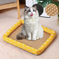 Summer Pet Cooling Mat, Natural Rattan Pet Bed Mat, Pet Cooler, Summer Linen Rattan Mat Nest, Woven Breathable Square Washable Bed with Edge for Dogs Cats