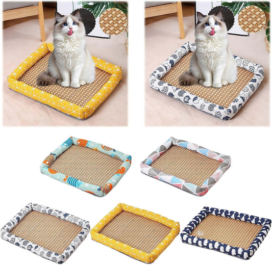 Summer Pet Cooling Mat, Natural Rattan Pet Bed Mat, Pet Cooler, Summer Linen Rattan Mat Nest, Woven Breathable Square Washable Bed with Edge for Dogs Cats