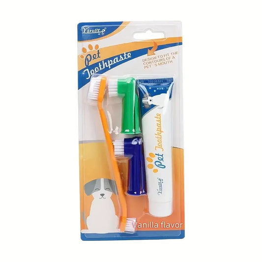 4 In 1 Cat Dog Toothpaste And Toothbrush Set For Pet - Venila Flavoured -Toothbrushes for Cat Kitten, Doggie Puppy Dental Care,