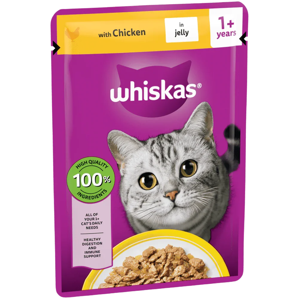 WHISKAS® 1+ Adult Wet Cat Food Pouches in Jelly with Chicken 85g