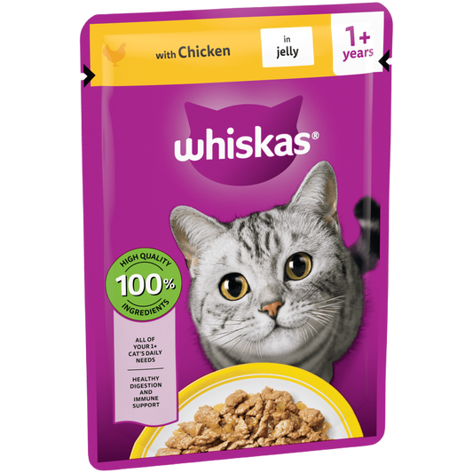 WHISKAS® 1+ Adult Wet Cat Food Pouches in Jelly with Chicken 85g