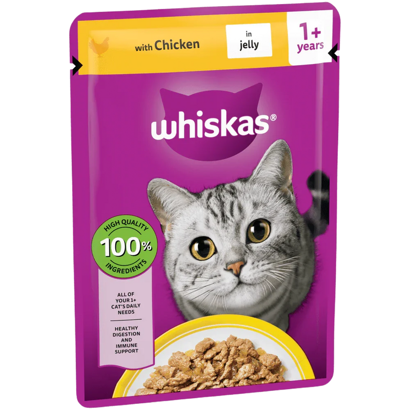 WHISKAS® 1+ Adult Wet Cat Food Pouches in Jelly with Chicken 85g