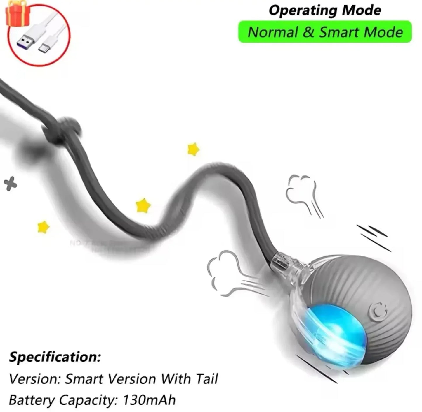 Cat Interactive Ball Cat Toy, Automatic Rolling Ball with Tail, Rechargeable Smart Pet Interactive Toy, Intelligent cat and mouse gam, No Warranty