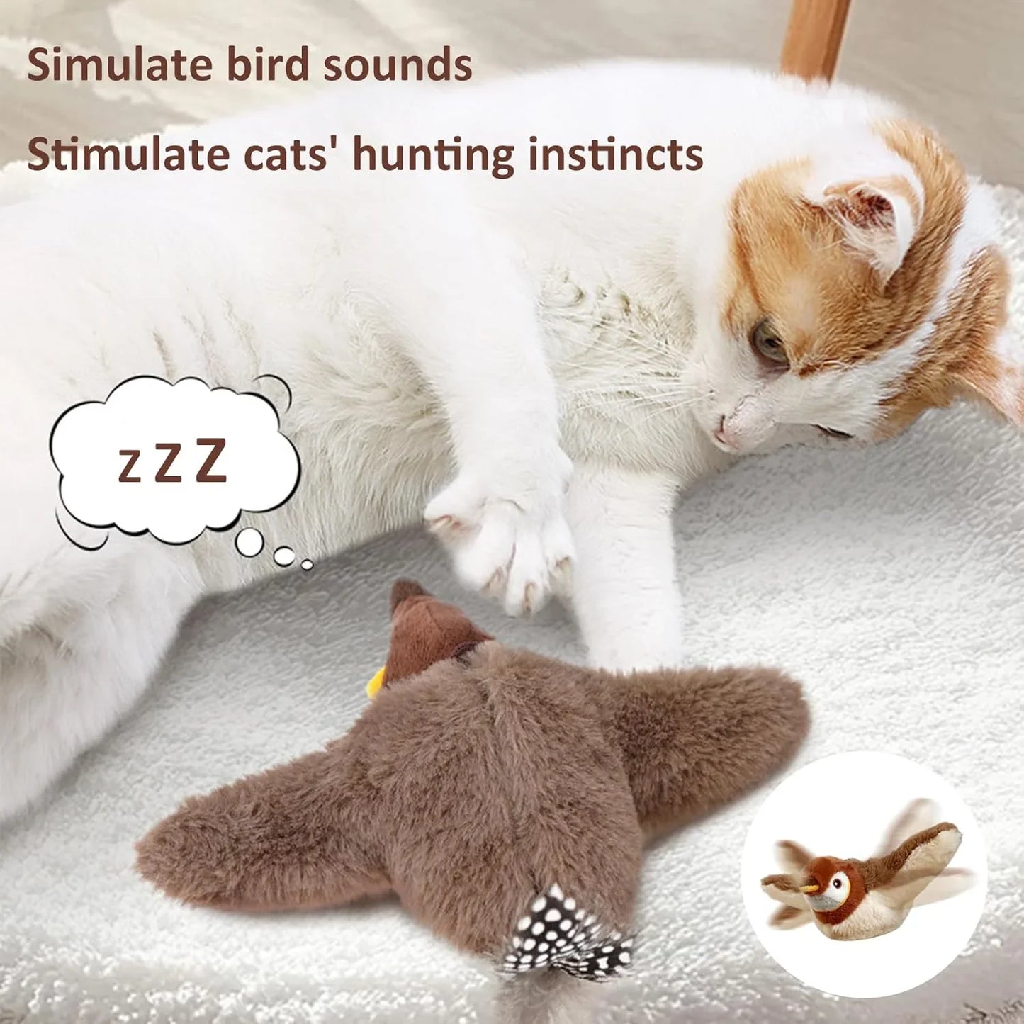 Pet Cat Interactive Toys, Rechargeable Chirping Flapping Bird (no Flying) with Catnip for Indoor Cats, Touch Activated Plush Toys