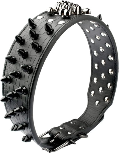 Adjustable Spiked Skull Leather Dog Collar, Bullet Rivets Studded Croco Faux Leather Collar for Small Medium Large Dogs as Labrador Pit Bull Bulldog Pugs Boxers