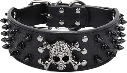 Adjustable Spiked Skull Leather Dog Collar, Bullet Rivets Studded Croco Faux Leather Collar for Small Medium Large Dogs as Labrador Pit Bull Bulldog Pugs Boxers
