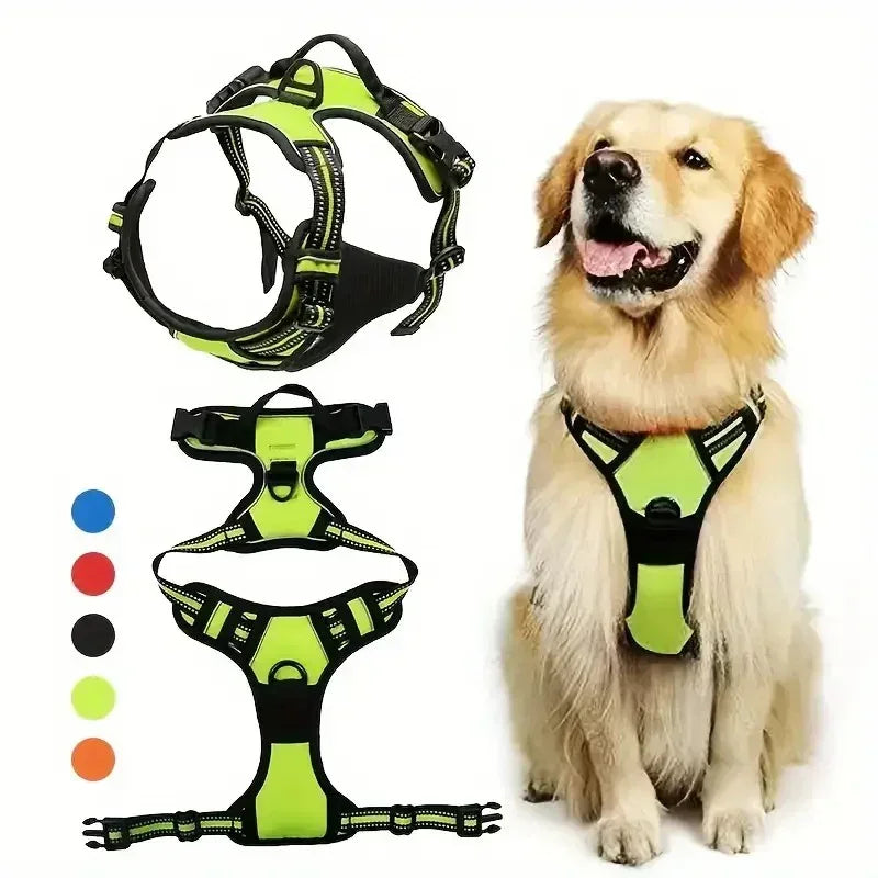 Dog Large Harness, No Pull Dog Harness Reflective Adjustable Soft Padded Pet Vest with Front & Back 2 Metal Leash Hooks, 2 Snap Buckles and Easy Control Handle