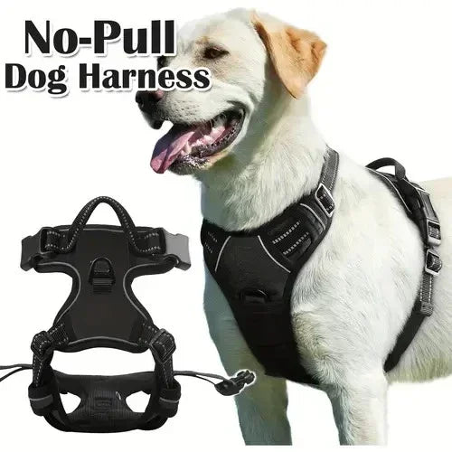 Dog Large Harness, No Pull Dog Harness Reflective Adjustable Soft Padded Pet Vest with Front & Back 2 Metal Leash Hooks, 2 Snap Buckles and Easy Control Handle