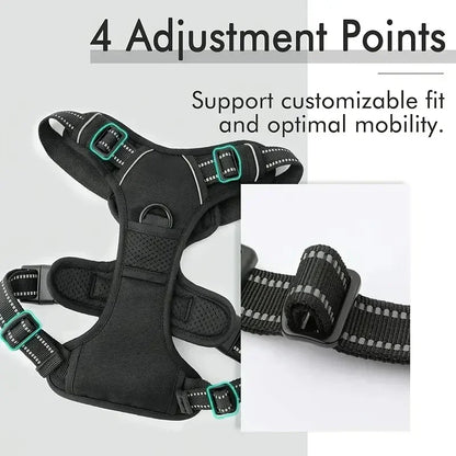 Dog Large Harness, No Pull Dog Harness Reflective Adjustable Soft Padded Pet Vest with Front & Back 2 Metal Leash Hooks, 2 Snap Buckles and Easy Control Handle