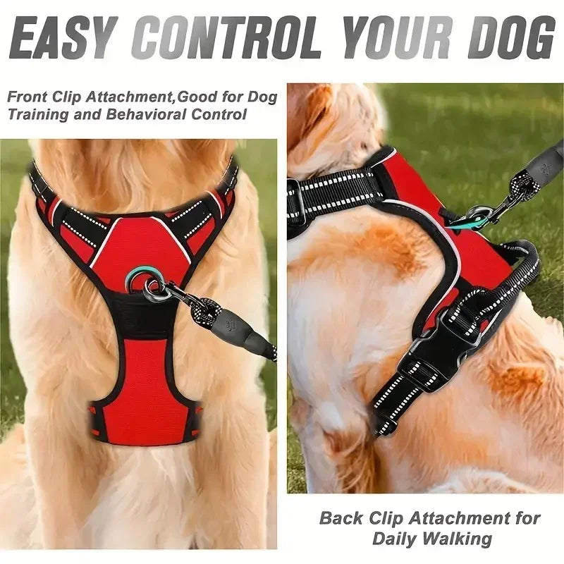 Dog Large Harness, No Pull Dog Harness Reflective Adjustable Soft Padded Pet Vest with Front & Back 2 Metal Leash Hooks, 2 Snap Buckles and Easy Control Handle