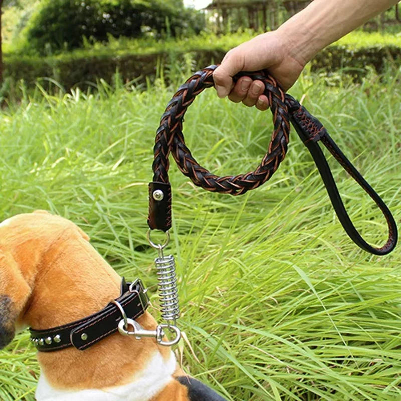 120cm Leather Braided Dog Leash Black Padded Handle Pet Walking Running Leads with Spring Buffer for Medium Large Dogs Labrador