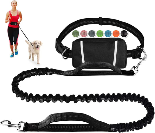 Hands Free Dog Leash, Adjustable Waist Belt and Dual-Handle Retractable Bungee Leash, Jogging Dog Leash with Reflective Stitching, Random Colors