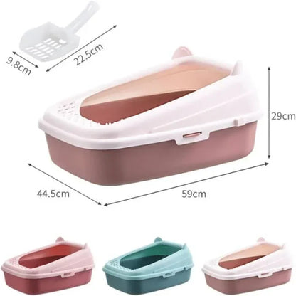 Semi-Enclosed Premium Litter Box, Cat Ear Shaped Open Top Cat Litter Tray, Extra Large Cat Litter Box