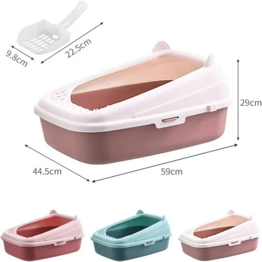 Semi-Enclosed Premium Litter Box, Cat Ear Shaped Open Top Cat Litter Tray, Extra Large Cat Litter Box