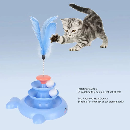 Cat Toy Roller, 3 Levels Turntable Cat Toys Tower Roller Toy with Feather Stick and 3 Balls