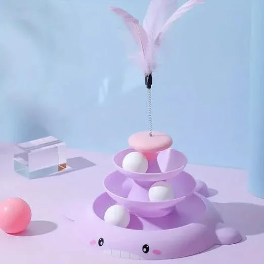 Cat Toy Roller, 3 Levels Turntable Cat Toys Tower Roller Toy with Feather Stick and 3 Balls
