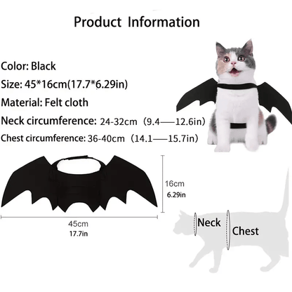 Bat Cat Wings Costume, Small, Black Felt, for Dogs & Cats, Halloween Pet Apparel Bat Wings, Straps for Easy Fit