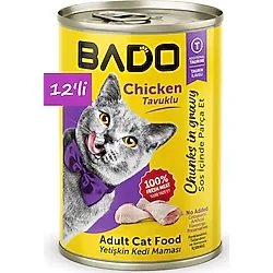 BADO Chicken Chunks in Gravy Adult Cat Food BADO adult cat food features tender chicken chunks in savory gravy, made with 100% fresh meat for a delicious and wholesome meal. Enriched with additional taurine, it supports your cat's heart health and vision. Free from added colors, flavors, and preservatives, this premium-quality meal is perfect for maintaining the health and happiness of adult cats. Comes in a convenient 12-pack for regular feeding!