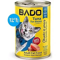 BADO Tuna Chunks in Gravy Adult Cat Food BADO adult cat food offers flavorful tuna chunks in rich gravy, made with 100% fresh meat to satisfy your cat's taste buds. Fortified with additional taurine, it promotes heart and vision health. This nutritious meal contains no added colors, flavors, or preservatives, ensuring high-quality care for your adult cat. Available in a convenient 12-pack for regular feeding!